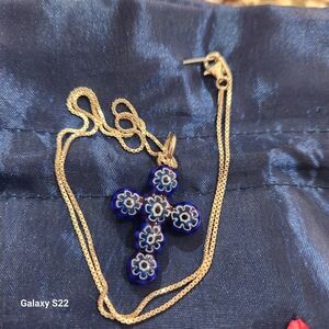 Vibrant Blue Floral Glass Cross Pendant On .950 Italian Sterling Box Chain